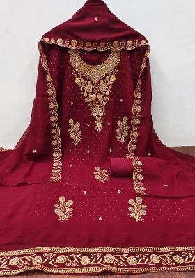 Maroon Embroidered Georgette Dress Material
