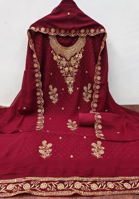 Maroon Embroidered Georgette Dress Material