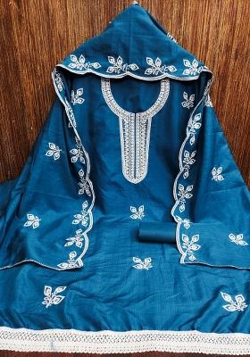 Blue Embroidered Cotton Blend Dress Material