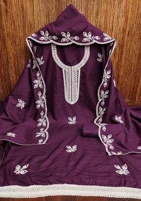 Purple Embroidered Cotton Blend Dress Material