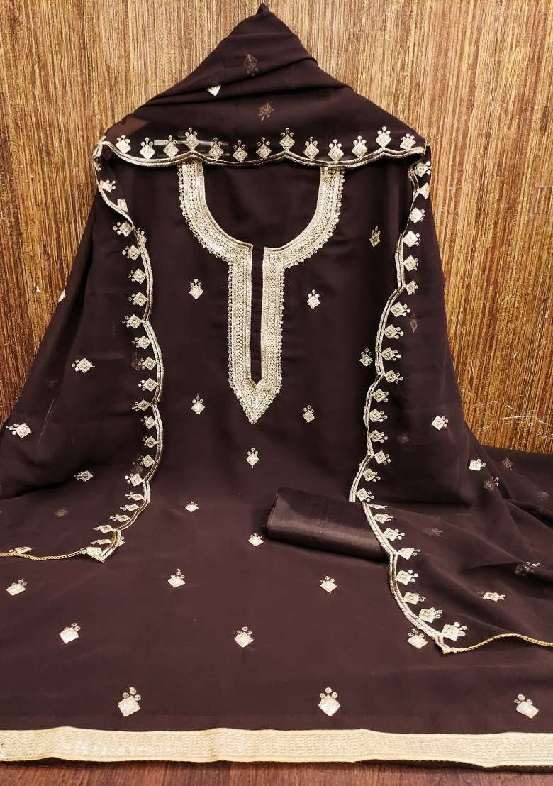 Brown Embroidered Georgette Pakistani Suit Set - Indya