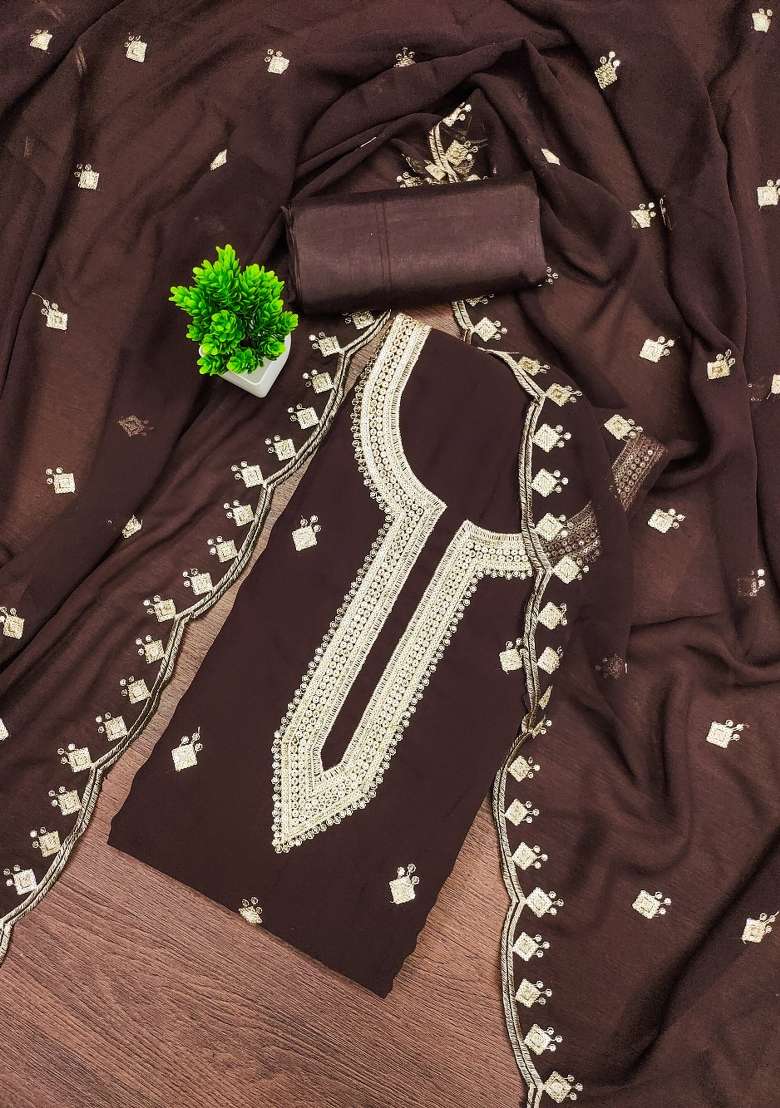 Brown Embroidered Georgette Pakistani Suit Set - Indya