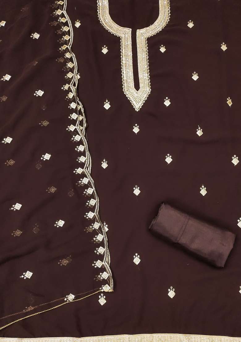 Brown Embroidered Georgette Pakistani Suit Set - Indya