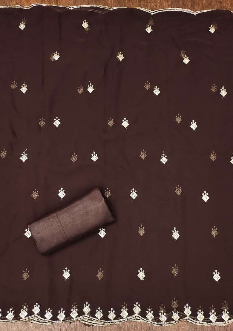 Brown Embroidered Georgette Pakistani Suit Set - Indya
