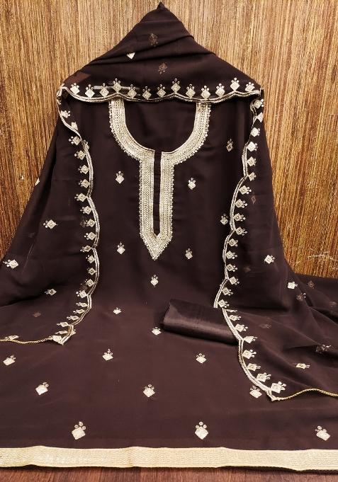 Brown Embroidered Georgette Dress Material