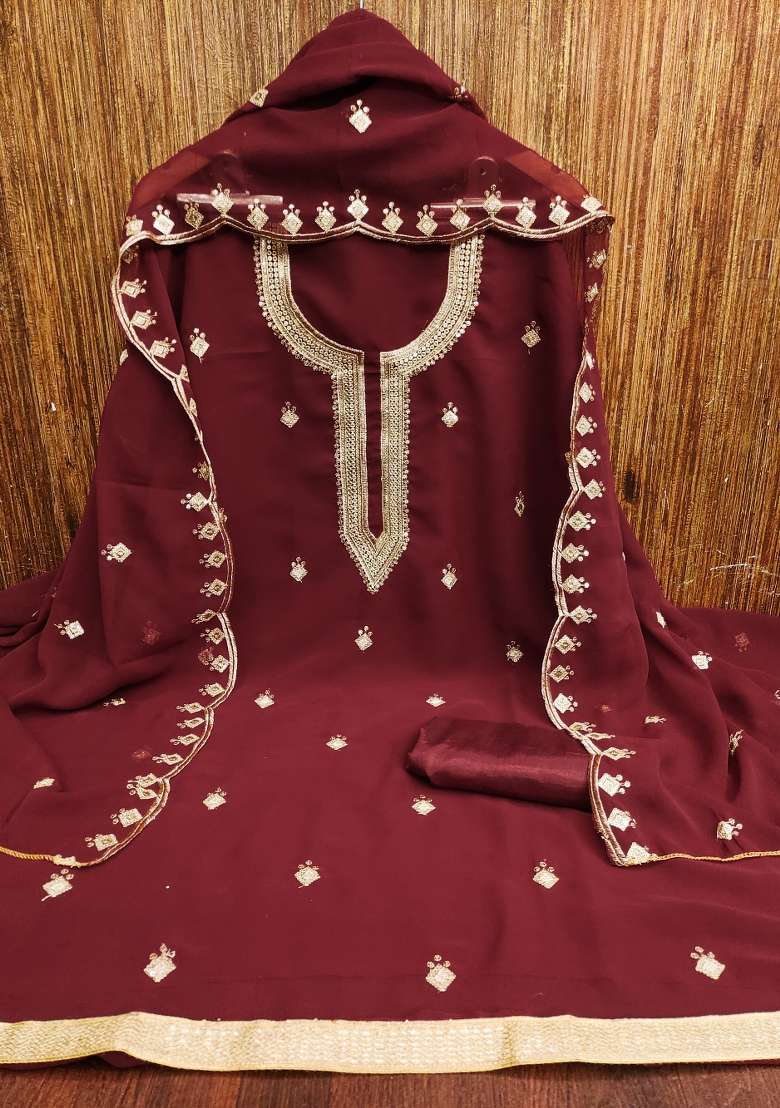 Maroon Embroidered Georgette Dress Material - Indya