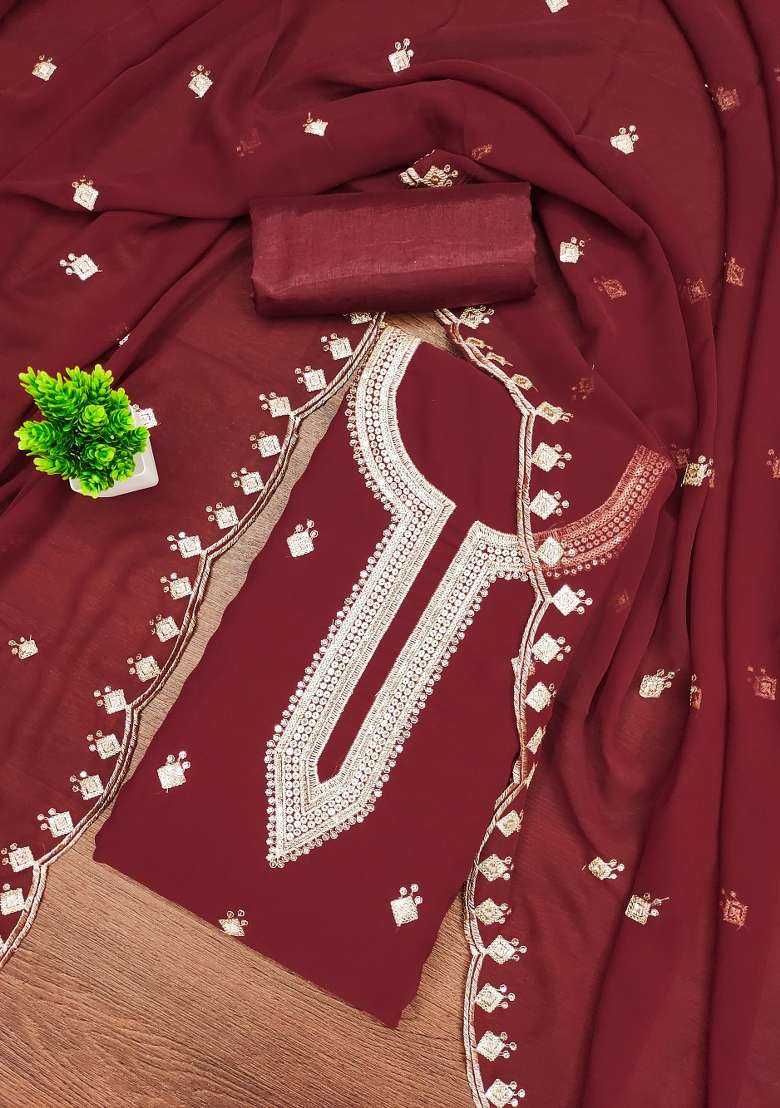 Maroon Embroidered Georgette Dress Material - Indya