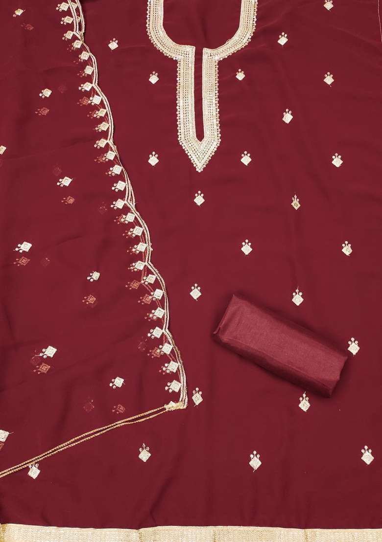 Maroon Embroidered Georgette Dress Material - Indya