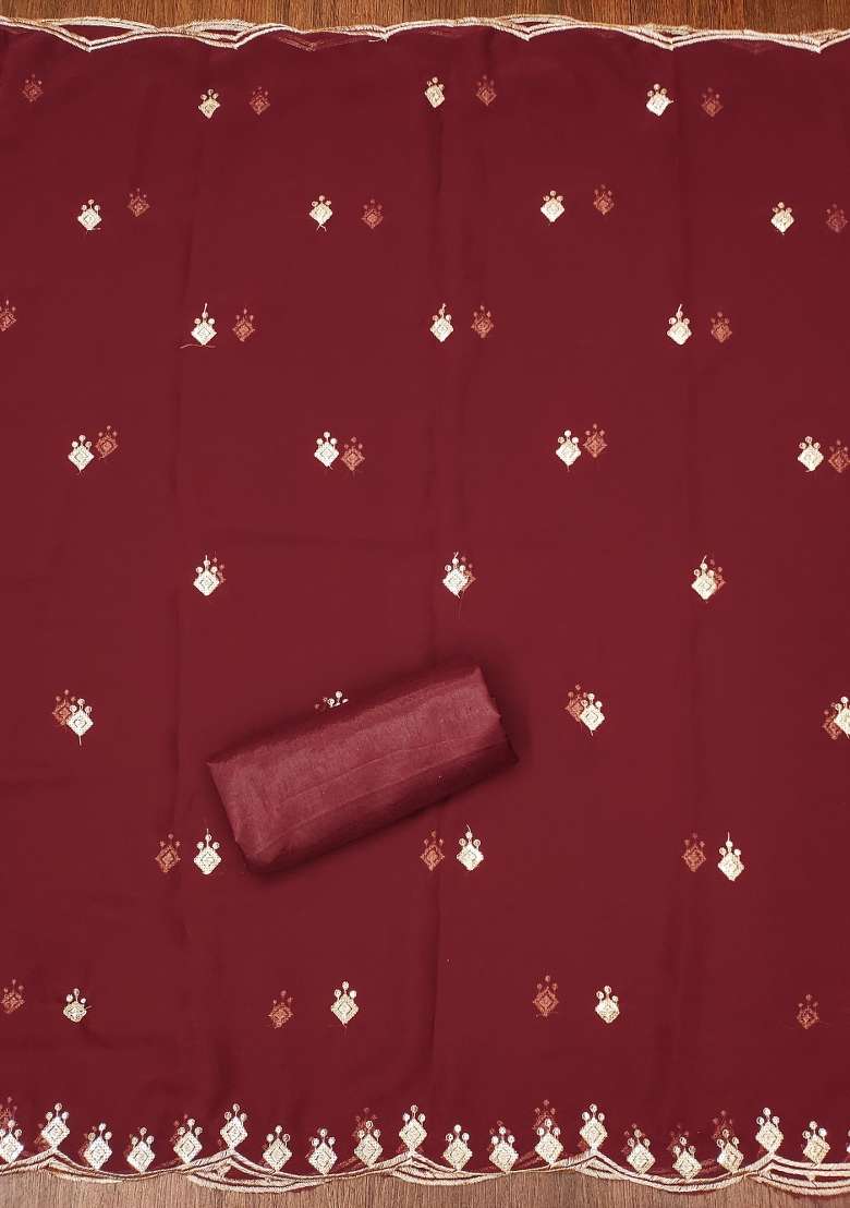 Maroon Embroidered Georgette Dress Material - Indya