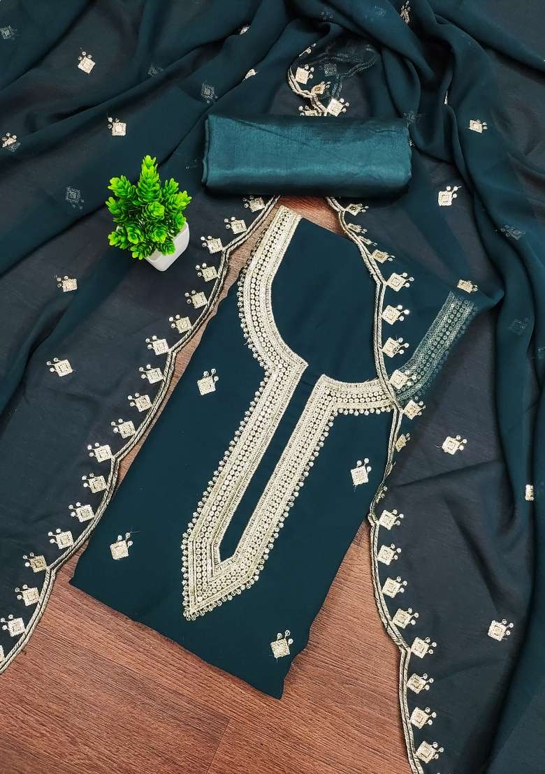 Sea Green Embroidered Georgette Punjabi Suit - Indya