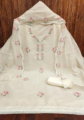 Beige Embroidered Cotton Blend Dress Material