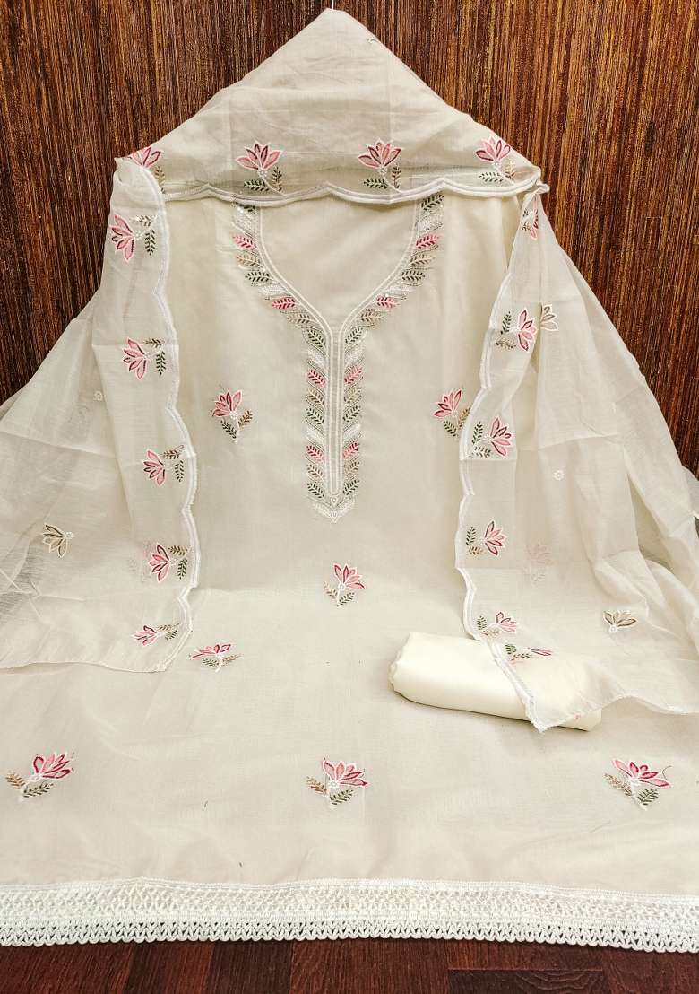Beige Embroidered Blended Straight Kurta Set - Indya