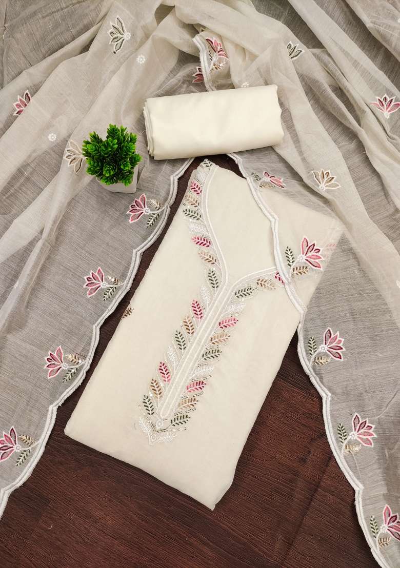 Beige Embroidered Blended Straight Kurta Set - Indya