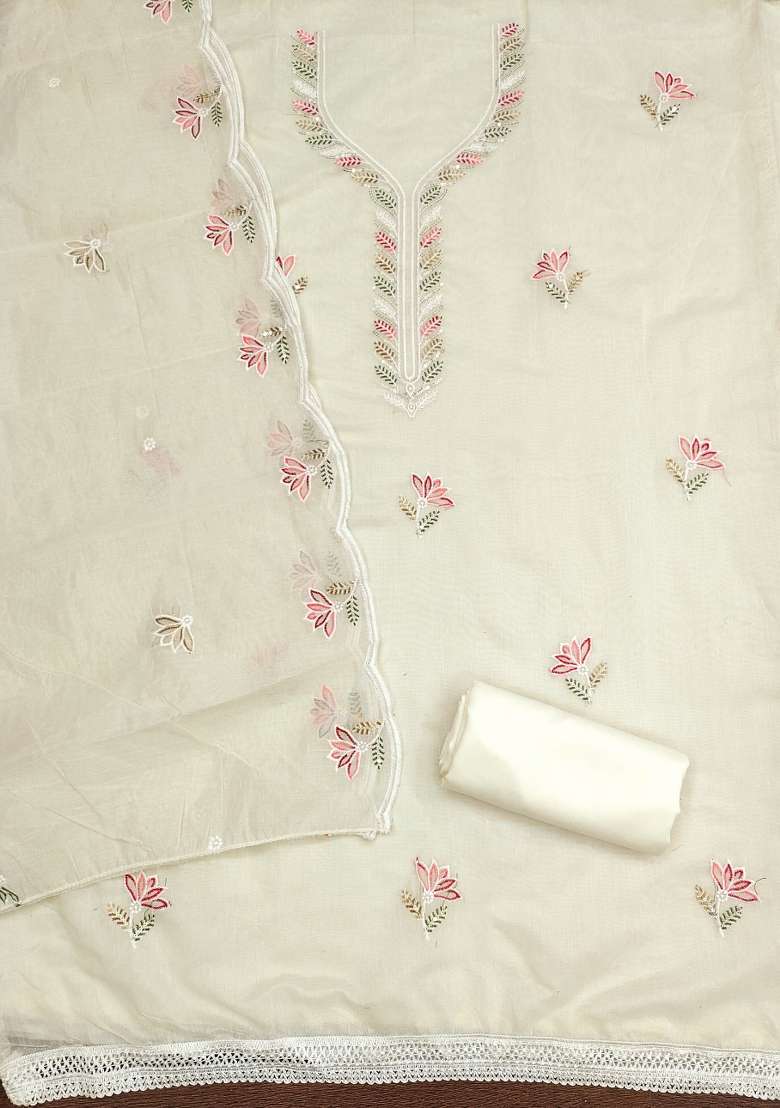 Beige Embroidered Blended Straight Kurta Set - Indya