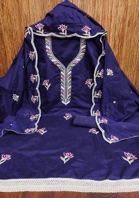 Blue Embroidered Cotton Blend Dress Material