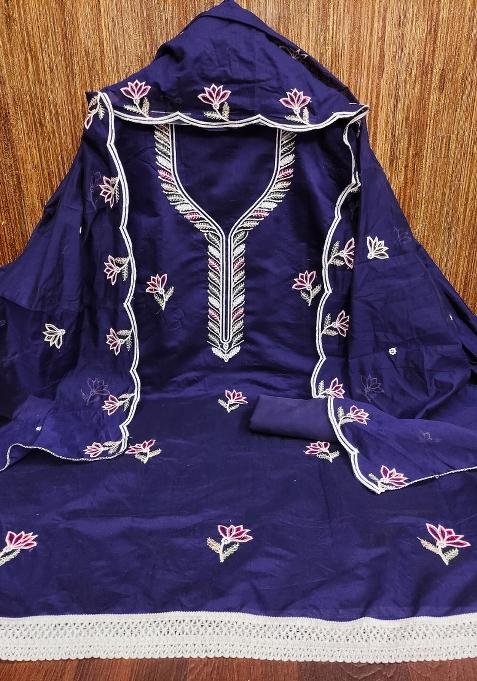 Blue Embroidered Blended Straight Kurta Set