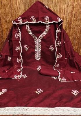 Maroon Embroidered Cotton Blend Dress Material