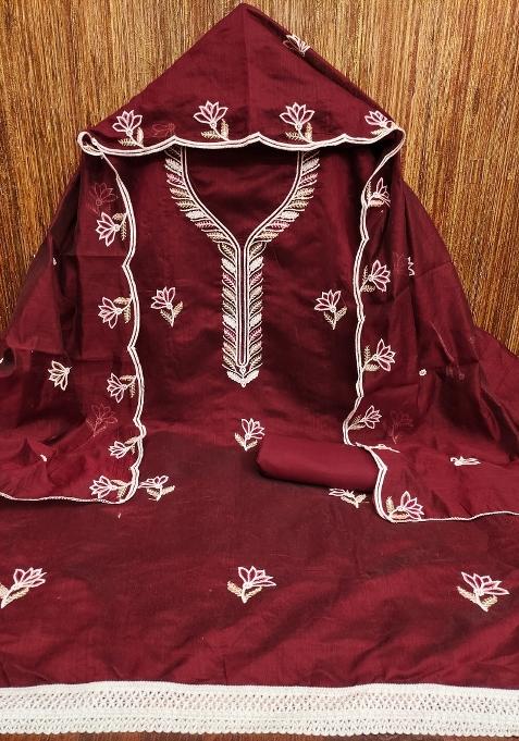 Maroon Embroidered Cotton Blend Dress Material
