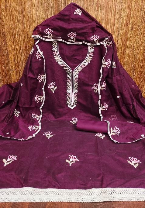 Purple Embroidered Blended Straight Kurta Set