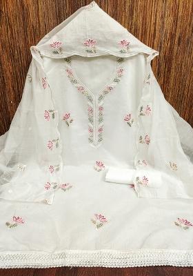 White Embroidered Cotton Blend Dress Material