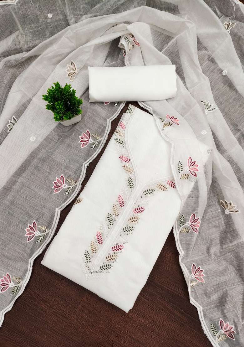 White Embroidered Blended Straight Kurta Set - Indya