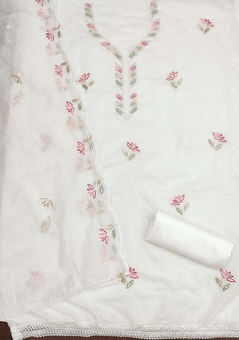 White Embroidered Blended Straight Kurta Set - Indya