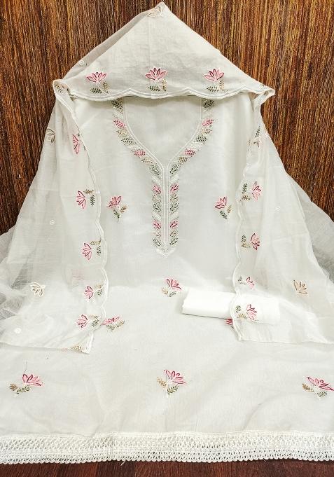 White Embroidered Cotton Blend Dress Material