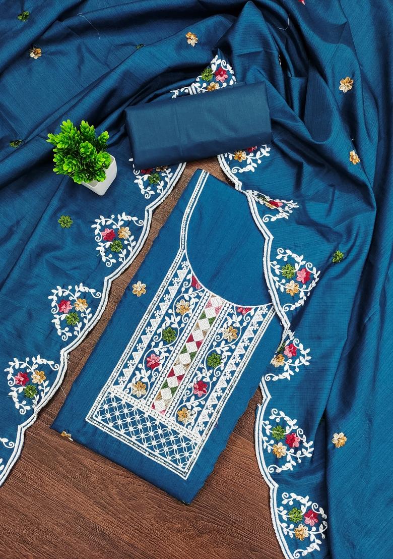 Blue Embroidered Cotton Blend Dress Material - Indya