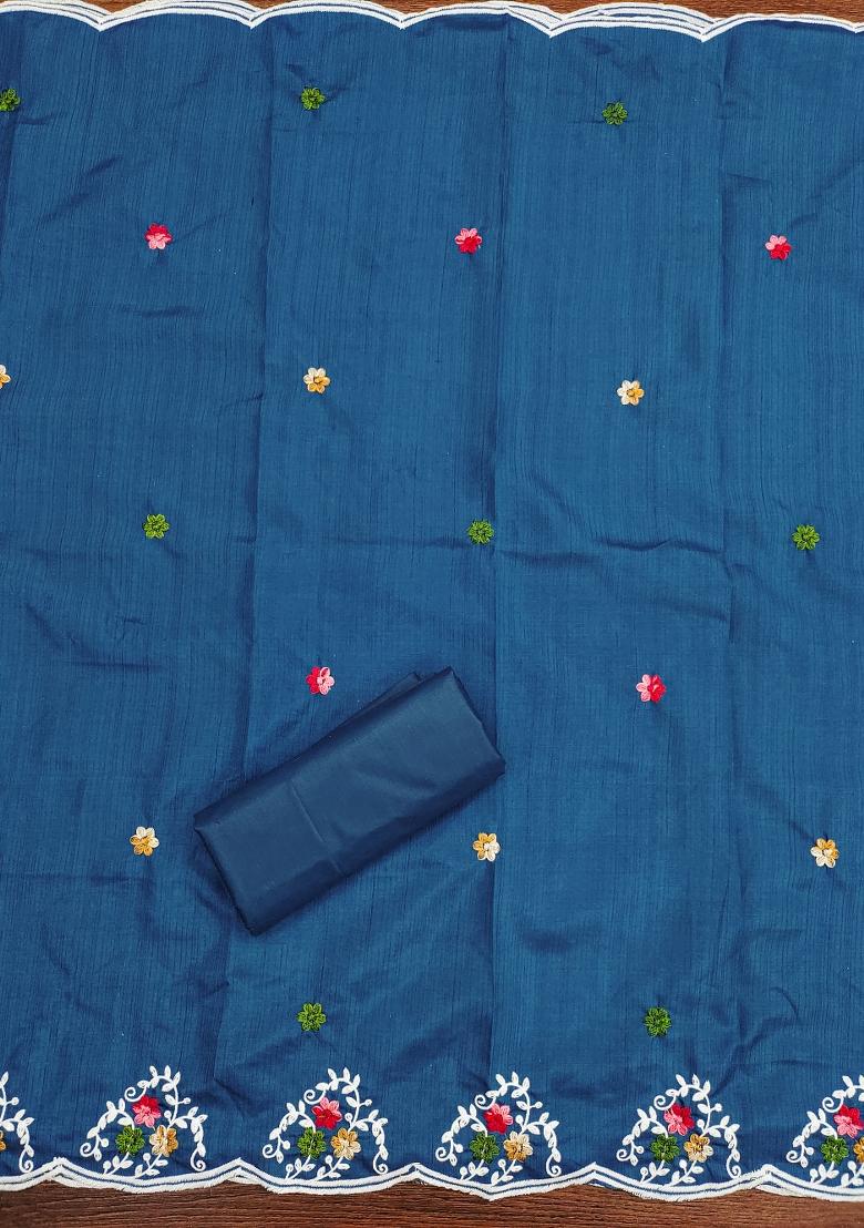 Blue Embroidered Cotton Blend Dress Material - Indya