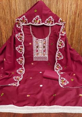 Maroon Embroidered Cotton Blend Dress Material