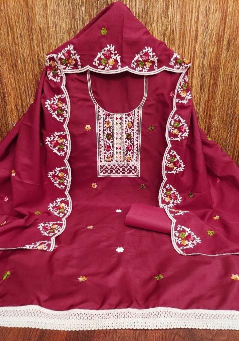 Maroon Embroidered Cotton Blend Dress Material