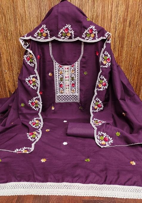 Purple Embroidered Blended Straight Kurta Set