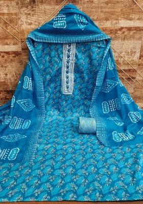 Blue Embroidered Cotton Blend Dress Material