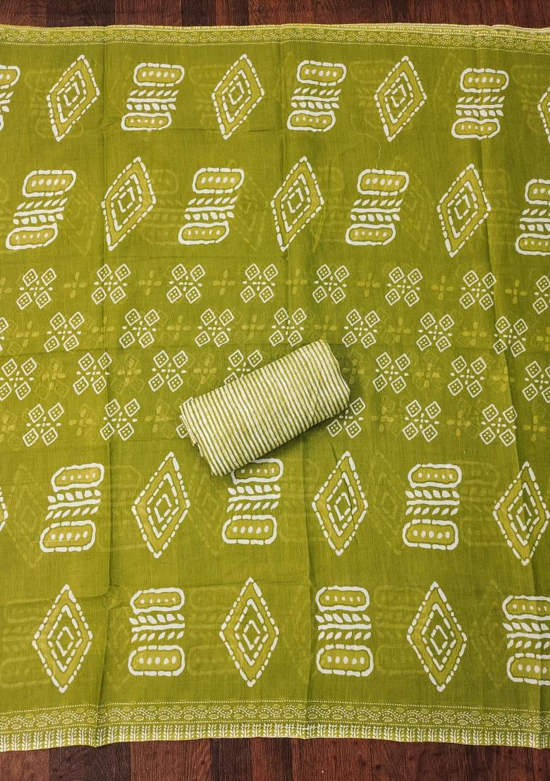 Green Embroidered Cotton Blend Dress Material - Indya