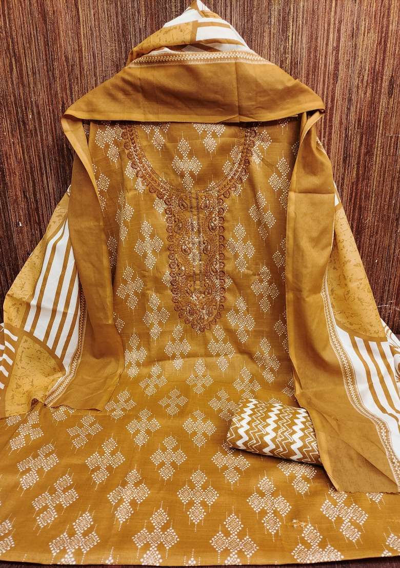 Beige Printed Blended Punjabi Suit - Indya