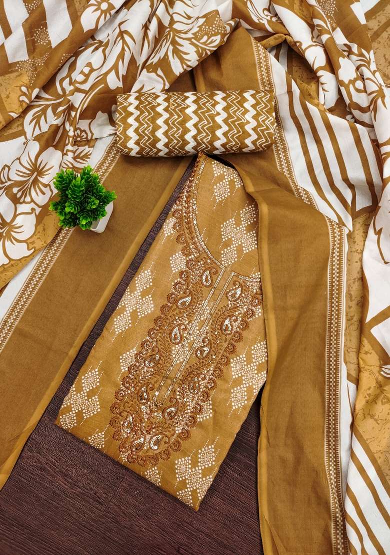 Beige Printed Blended Punjabi Suit - Indya