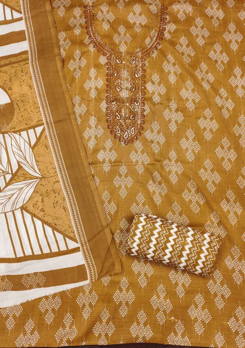 Beige Printed Blended Punjabi Suit - Indya