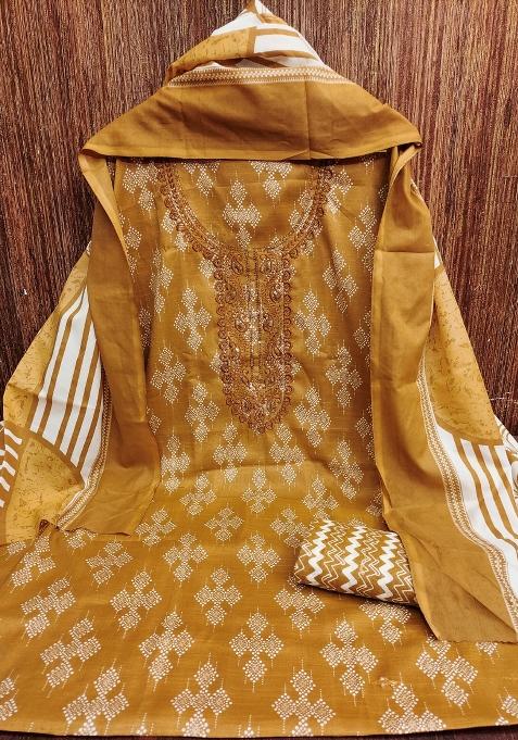 Beige Embroidered Cotton Blend Dress Material