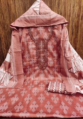 Peach Embroidered Cotton Blend Dress Material