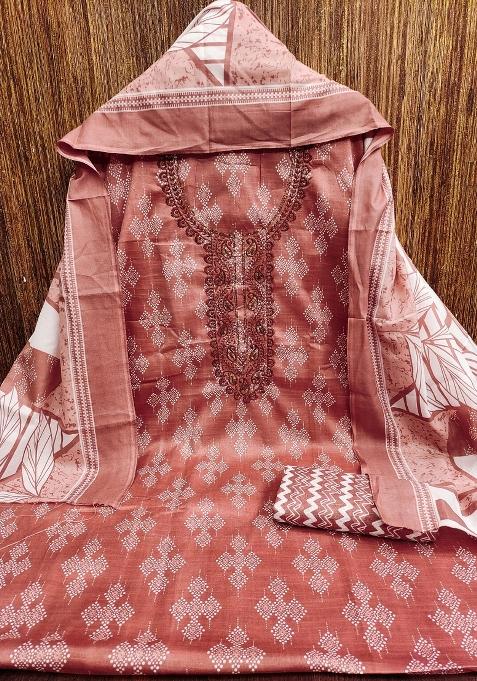 Peach Embroidered Cotton Blend Dress Material