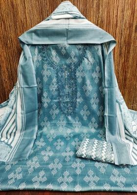 Sea Green Embroidered Cotton Blend Dress Material