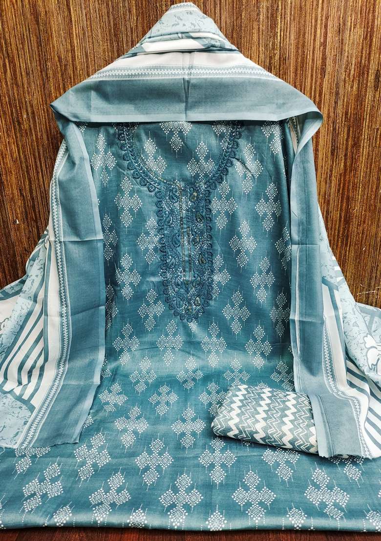Sea Green Printed Cotton Pakistani Suit Set - Indya