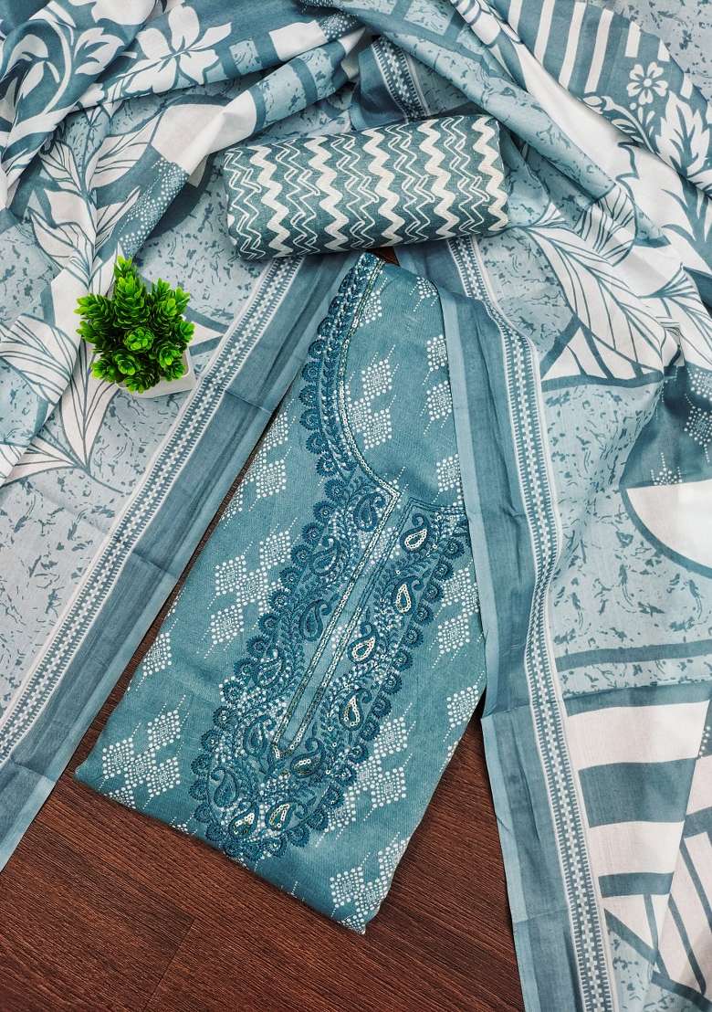 Sea Green Printed Cotton Pakistani Suit Set - Indya