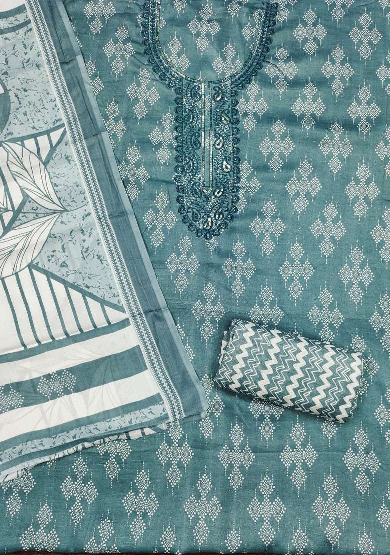 Sea Green Printed Cotton Pakistani Suit Set - Indya