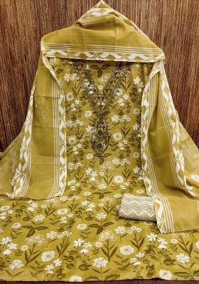 Mehandi Embroidered Cotton Blend Dress Material