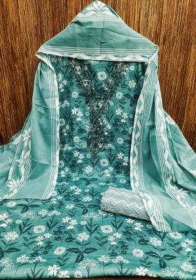Sea Green Embroidered Cotton Blend Dress Material