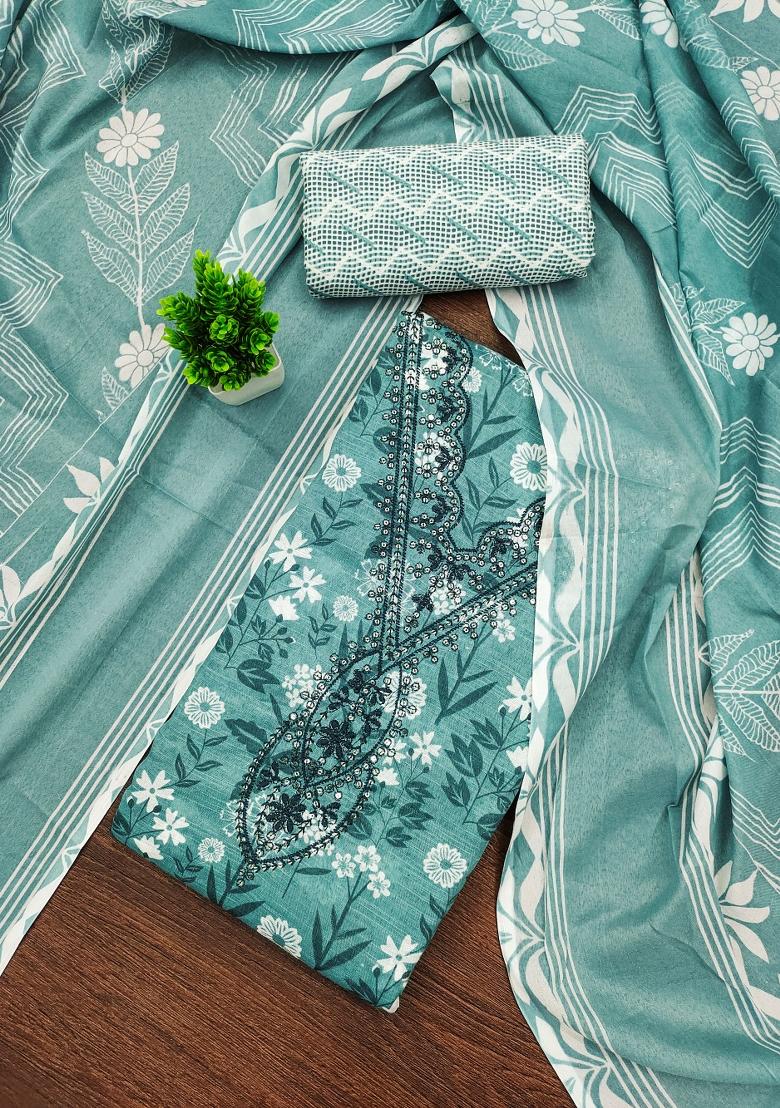 Sea Green Embroidered Cotton Blend Dress Material