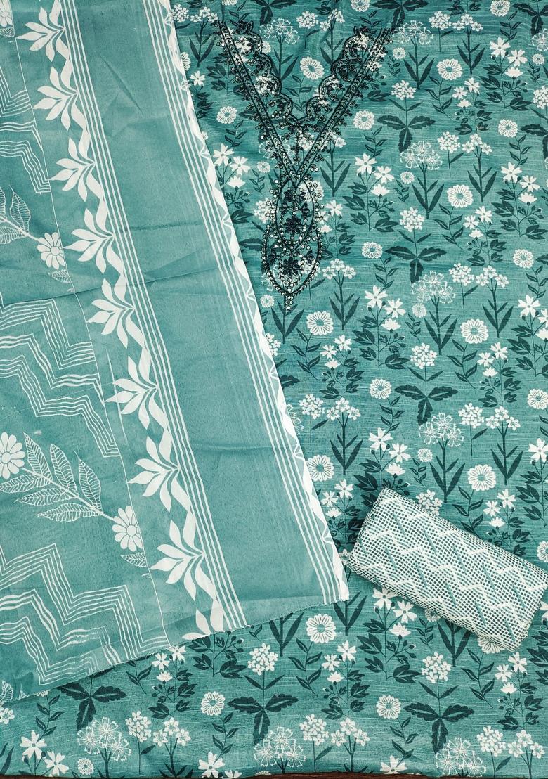 Sea Green Embroidered Cotton Blend Dress Material