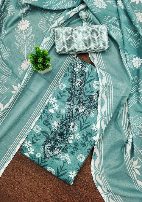Sea Green Embroidered Cotton Blend Dress Material