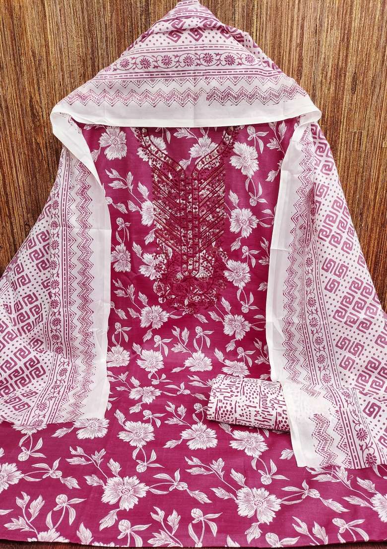 Magenta Floral Print Blended Pakistani Suit Set - Indya